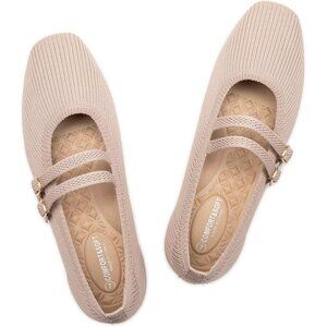 Frank Mully Women's Beige Fabric Square Toe Mary Jane Ballet Flats with Strap